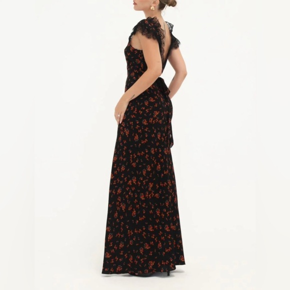 NWT Revolve Rumored Poppy floral long black maxi dress lace trim flutter  sleeves